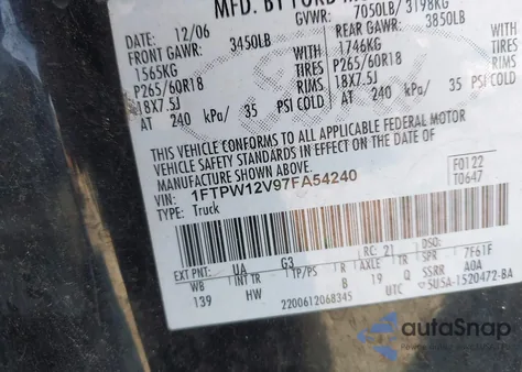 2007 Ford F-150 Lariat/Xlt из США, поврежденный, VIN 1FTPW12V97FA54240